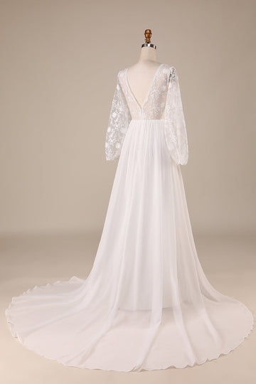 Ivory Chiffon Sweep Train Boho brudekjole med blonder